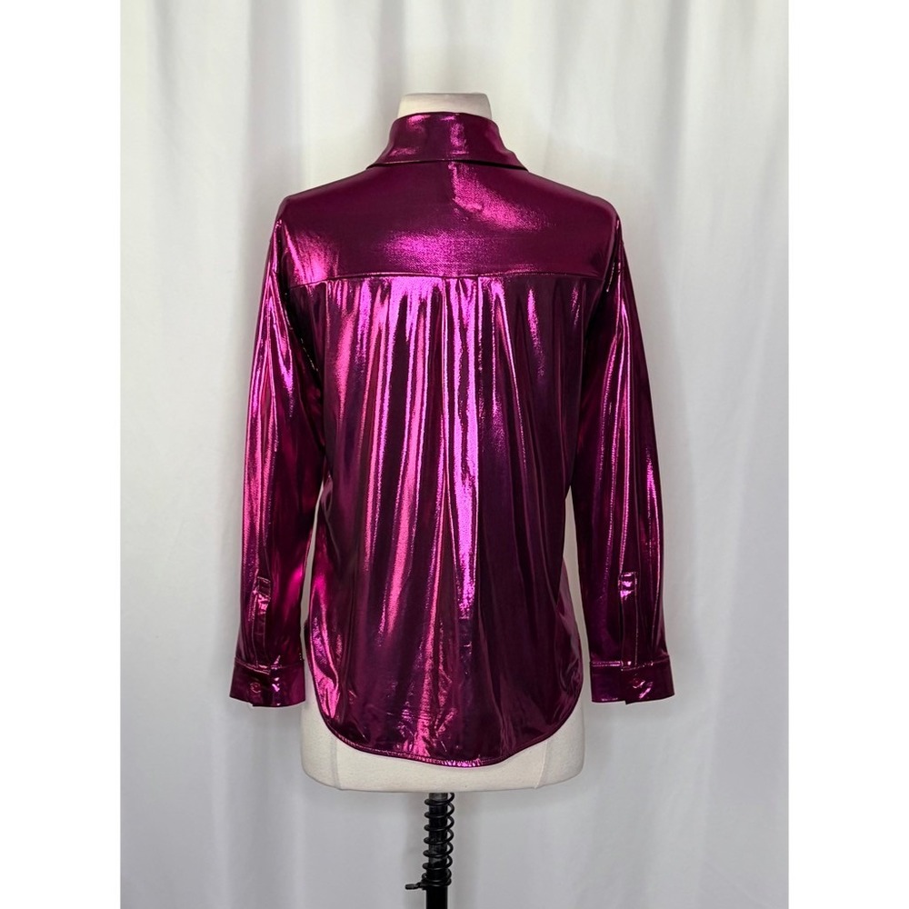 By ANTHROPOLOGIE Magenta Pink Shimmer Shine Lamé Buttondown Top Blouse X-Small - Picture 10 of 16